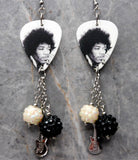 Black and White Jimi Hendrix Guitar Pick Earrings with Charm and Studded Bead Dangles