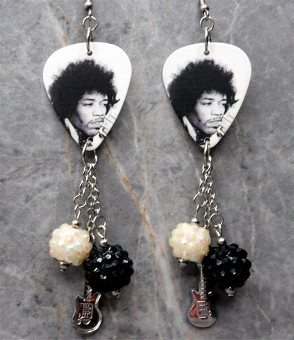 Black and White Jimi Hendrix Guitar Pick Earrings with Charm and Studded Bead Dangles