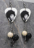 Black and White Jimi Hendrix Guitar Pick Earrings with Charm and Studded Bead Dangles