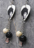 Black and White Jimi Hendrix Guitar Pick Earrings with Charm and Studded Bead Dangles