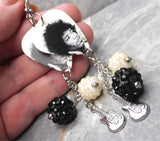 Black and White Jimi Hendrix Guitar Pick Earrings with Charm and Studded Bead Dangles