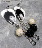 Black and White Jimi Hendrix Guitar Pick Earrings with Charm and Studded Bead Dangles