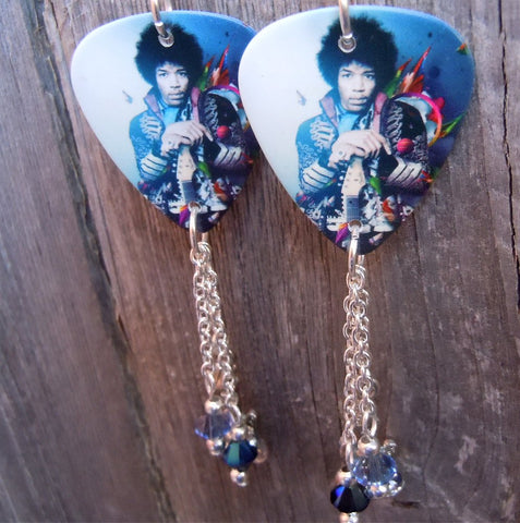 Jimi Hendrix Guitar Pick Earrings with Guitar Crystal Charms and Swarovski Crystals