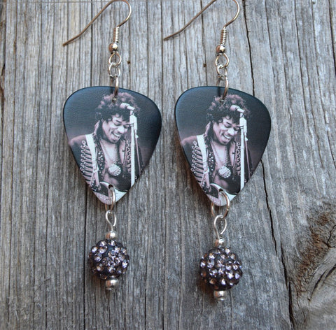 Jimi Hendrix Guitar Pick Earrings with Gray Pave Bead Dangles