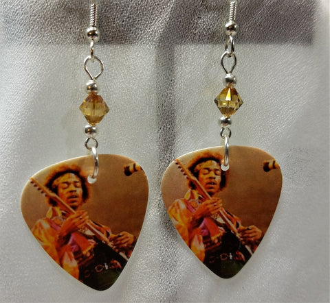 Jimi Hendrix Performing Guitar Pick Earrings with Copper Swarovski Crystals