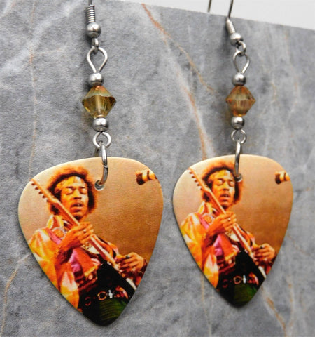 Jimi Hendrix Performing Guitar Pick Earrings with Copper Swarovski Crystals