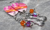 Jimi Hendrix First Rays of the Rising Sun Guitar Pick Earrings with Stainless Steel Guitar Charms and Swarovski Crystal Dangles