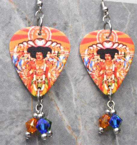 Jimi Hendrix Axis Bold As Love Guitar Pick Earrings with Swarovski Crystal Dangles