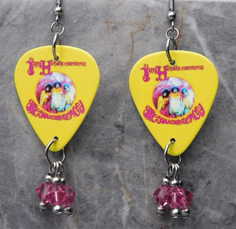 Jimi Hendrix Are You Experienced Guitar Pick Earrings with Pink Swarovski Crystal Dangles