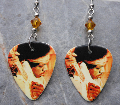 Jimi Hendrix Performing Guitar Pick Earrings with Topaz Swarovski Crystals