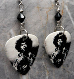 Black and White Jimi Hendrix Guitar Pick Earrings with Black Swarovski Crystals