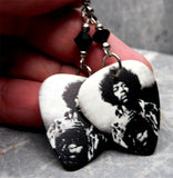 Black and White Jimi Hendrix Guitar Pick Earrings with Black Swarovski Crystals