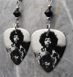 Black and White Jimi Hendrix Guitar Pick Earrings with Black Swarovski Crystals