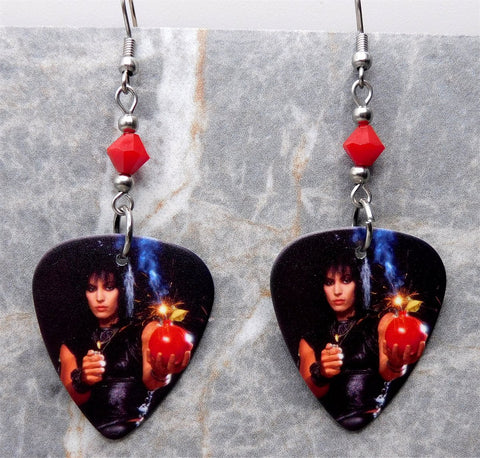 Joan Jett Cherry Bomb Guitar Pick Earrings with Red Swarovski Crystals
