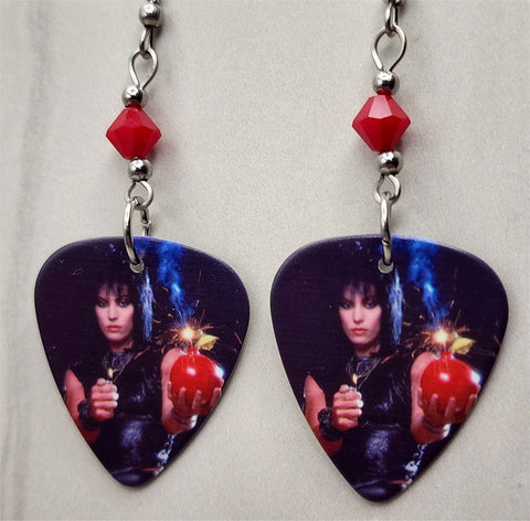 Joan Jett Cherry Bomb Guitar Pick Earrings with Red Swarovski Crystals