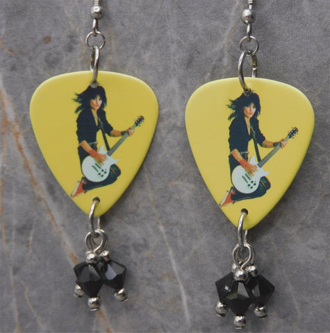 Joan Jett Guitar Pick Earrings with Black Swarovski Crystal Dangles