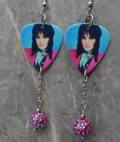 Joan Jett I Love Rock 'n' Roll Guitar Pick Earrings with Fuchsia ABx2 Pave Bead Dangles