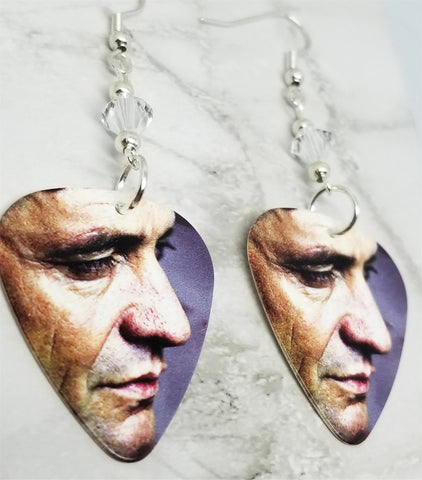 Johnny Cash Guitar Pick Earrings with Clear Swarovski Crystals