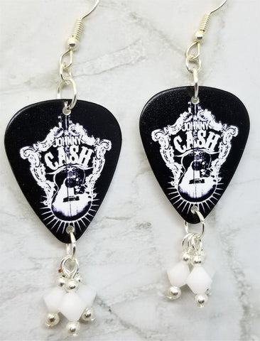 Johnny Cash Guitar Pick Earrings with White Swarovski Crystal Dangles