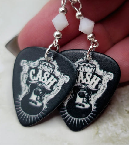 Johnny Cash Guitar Pick Earrings with White Swarovski Crystals