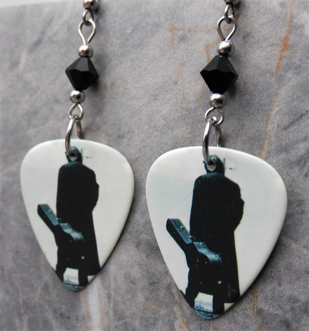 Johnny Cash Guitar Pick Earrings with Black Swarovski Crystals