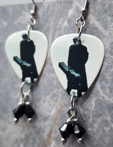 Johnny Cash Guitar Pick Earrings with Black Swarovski Crystal Dangles