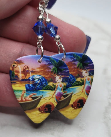 Journey Trial By Fire Guitar Pick Earrings with Blue Swarovski Crystals