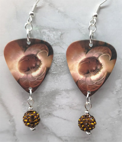 Journey Eclipse Guitar Pick Earrings with Brown Pave Bead Dangles