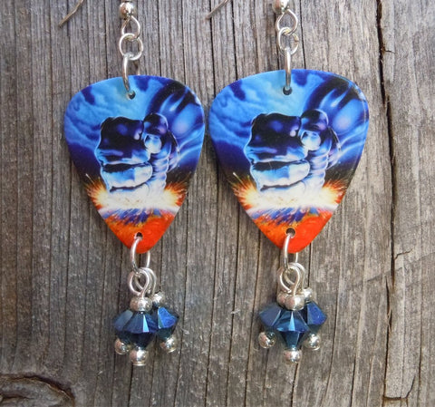 Judas Priest Ram It Down Guitar Pick Earrings with Metallic Blue Swarovski Crystal Dangles