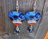 Judas Priest Ram It Down Guitar Pick Earrings with Metallic Blue Swarovski Crystal Dangles