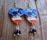 Judas Priest Ram It Down Guitar Pick Earrings with Metallic Blue Swarovski Crystal Dangles