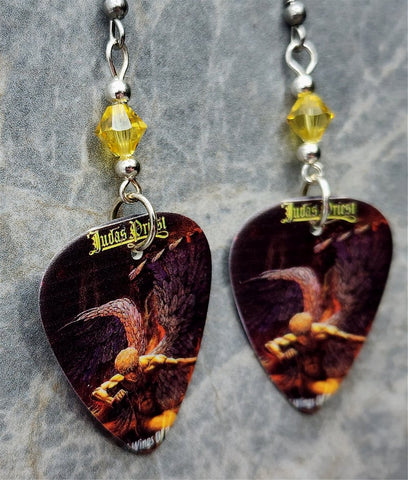 Judas Priest  Sad Wings of Destiny Guitar Pick Earrings with Yellow Swarovski Crystals