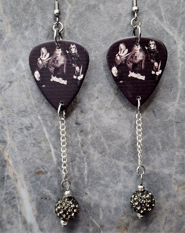 Judas Priest Guitar Pick Earrings with Gray Pave Bead Dangles