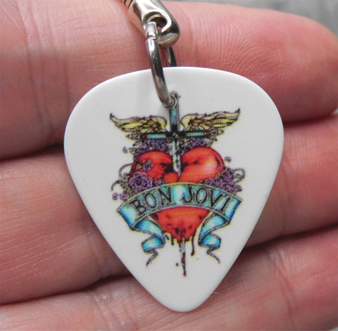 Bon Jovi Greatest Hits Album White Guitar Pick Keychain