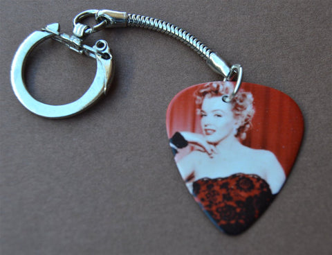 Marilyn Monroe In a Red And Black Lace Dress Guitar Pick Keychain