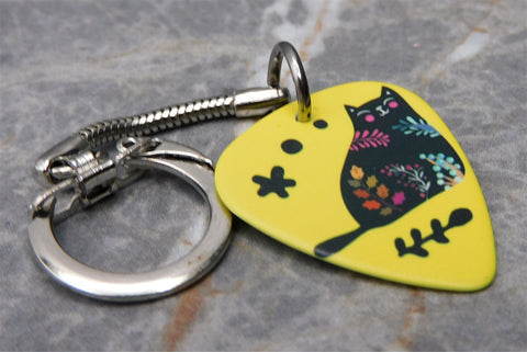 Fat Black Cat and Flowers on a Yellow Guitar Pick Keychain