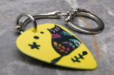 Fat Black Cat and Flowers on a Yellow Guitar Pick Keychain