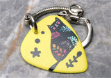 Fat Black Cat and Flowers on a Yellow Guitar Pick Keychain