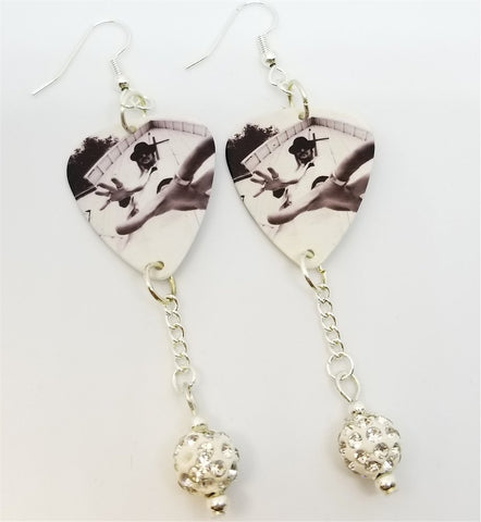 Kid Rock Guitar Pick Earrings with White Pave Bead Dangles