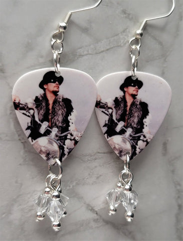 Kid Rock on a Motorcycle Guitar Pick Earrings with Clear Swarovski Crystal Dangles
