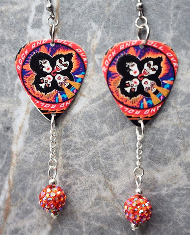 Kiss Rock and Roll Over Guitar Pick Earrings with Orange ABx2 Pave Bead Dangles
