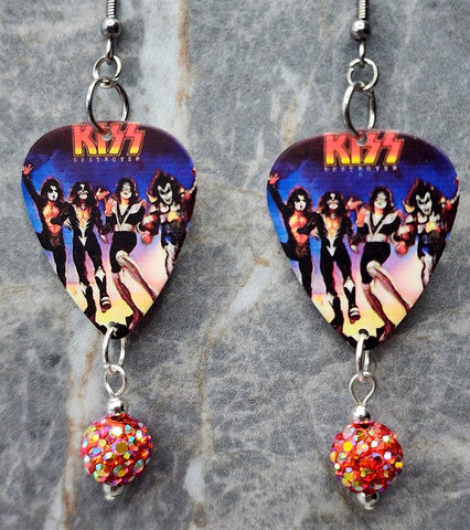 Kiss Destroyer Guitar Pick Earrings with Orange ABx2 Pave Bead Dangles