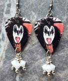 Kiss Gene Simmons in Full Makeup Guitar Pick Earrings with White Swarovski Crystal Dangles