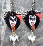 Kiss Gene Simmons in Full Makeup Guitar Pick Earrings with White Swarovski Crystal Dangles