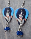 Kiss Peter Criss Guitar Pick Earrings with Blue Swarovski Crystal Dangles