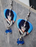 Kiss Peter Criss Guitar Pick Earrings with Blue Swarovski Crystal Dangles