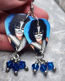 Kiss Peter Criss Guitar Pick Earrings with Blue Swarovski Crystal Dangles
