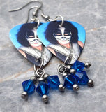 Kiss Peter Criss Guitar Pick Earrings with Blue Swarovski Crystal Dangles