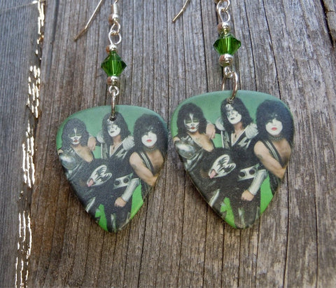 Kiss Group Photo In Full Makeup Guitar Pick Earrings with Green Swarovski Crystals