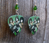Kiss Group Photo In Full Makeup Guitar Pick Earrings with Green Swarovski Crystals